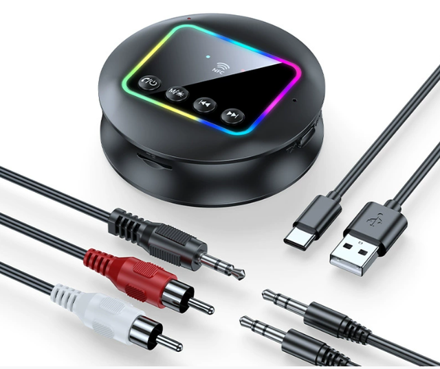 Wireless Audio Adapter with RGB Light 5.4 AUX RCA TF Card NFC Link Plastic Receiver Transmitter for Car TV & Active Speakers