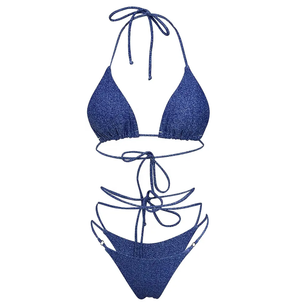 Custom Multi Rope Cross Denim fabric bikini Lace up swimsuit Blue recycle swimwear bathing suits