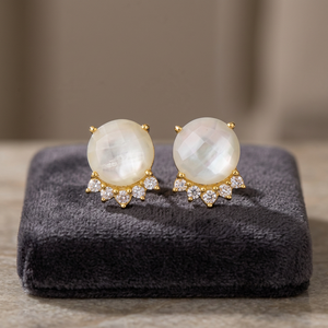 Nouveauté : Boucles d'oreilles pendantes unisexes en argent sterling 925 plaqué or 14 carats, avec perle double et pierre précieuse, forme ronde - Product Image 2