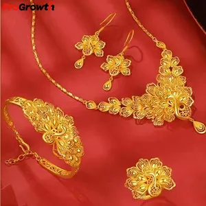 Peacock Wedding Jewelry Sets Sand Gold Flower Necklace Earrings Bracelet Ring Set Brass Gold Plated Phoenix Chain Set