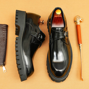 Chaussures habillées pour hommes en cuir véritable noir, à boucle, bout rond, semelle extérieure en caoutchouc antidérapante, toutes saisons - Product Image 3