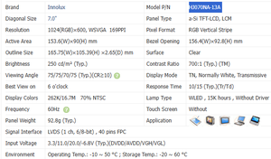 HJ070NA-13A Innolux Écran LCD pour tablette 7 pouces à prix réduit avec résolution 1024x600, rétroéclairage WLED, 250 nits, LVDS 40 broches FPC - Product Image 3