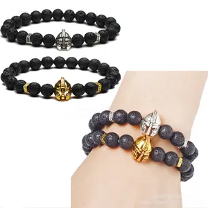Fahion 8mm gemstone beads bracelet roman knight spartan warrior gladiator helmet bracelet lava stone bead men elastic bracelets