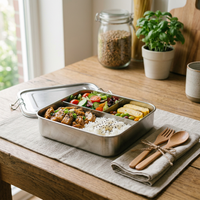 Boîte à lunch bento personnalisée en acier inoxydable 304, 3 compartiments, anti-fuite, sans BPA, avec couvercle en plastique et couverts pour le bureau et l'école