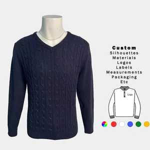 OEM/ODM kustom sweater pullover pria gaun V-neck lengan panjang pola bergaris sweater kustom logo gaun rajut sweater