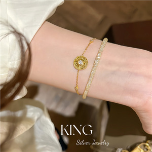จี้พระอาทิตย์เงินแท้ King Silver Jewelry สร้อยคอเงิน S925 ชุบทอง ประดับคริสตัลและเพชรเทียม เหมาะสำหรับใส่ทุกวัน สร้อยคอแบบ unisex ดีไซน์สวยงาม - Product Image 4