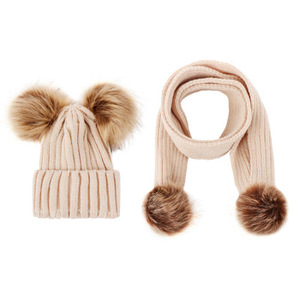 Conjunto de Gorro y Bufanda Tejidos para Niños y Niñas, Gorro de Punto con Pompón de Piel para Niños, Gorro de Esquí - Product Image 1