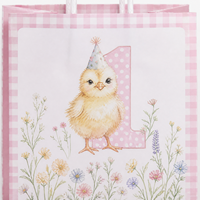 Tas Hadiah Ulang Tahun Pertama dengan Logo Custom KM, Hewan Ternak Domba Anak Ayam Anak Sapi, Motif Gingham Pink, Tas Souvenir Ulang Tahun Pertama yang Manis