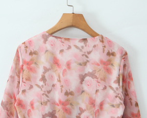 Camicetta da Donna Rosa con Scollo a V, Allacciatura, Stampa Floreale, <span class=keywords><strong>Volant</strong></span> a Strati, Maniche Lunghe, Casual e alla Moda - Product Image 6
