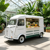 Camioneta de Comida Móvil Vintage Blanca y Verde Personalizada con Barra de Jugos Detox Orgánicos, Caja de Ensaladas Frescas para Jardín Botánico