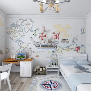 Papel tapiz de mapa del mundo para niños, Fondo de dormitorio, tapiz de dibujos animados 3d, mural de decoración de pared