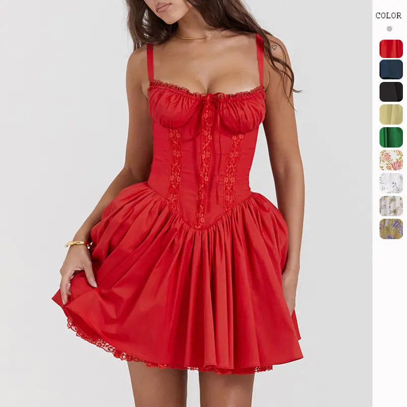 2024 Mùa Xuân Mùa Hè Sexy Bóng Gown Mini Dress Phụ Nữ Trở Lại Băng Ren Chắp Vá Mỏng Eo Spaghetti Dây Đeo Ngắn Đảng Dresses