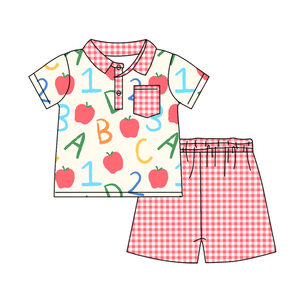 Pantalones Cortos y Vestidos Casuales Personalizados para el Regreso a Clases con Estampado de Manzanas ABC, de Algodón y Elastano Transpirable para Niños, Combinados para Hermanos, Primavera Otoño - Product Image 4