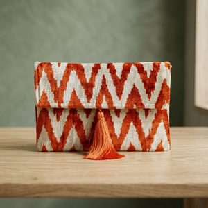 Handmade Chevron Pattern Clutch <b>Bag</b> With Tassel Orange <b>White</b> Fabric Bohemian Style Rectangle Shape Storage <b>Bag</b> - Product Image 3