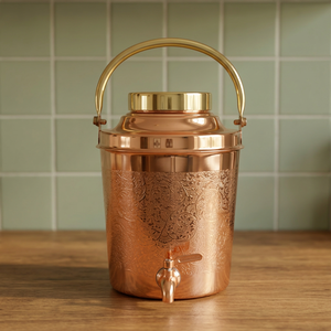 Premium Portable <b>Copper</b> Water Dispenser Tank 8L Laser Etched Floral Ayurvedic Matka Camper with Brass Carry <b>Handle</b> Leakproof Tap - Product Image 1