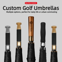 Parapluie long personnalisé avec logo, revêtement doré, manche en bois, ouverture automatique, résistant au vent, armature en fibre de verre, idéal pour cadeau promotionnel de marque