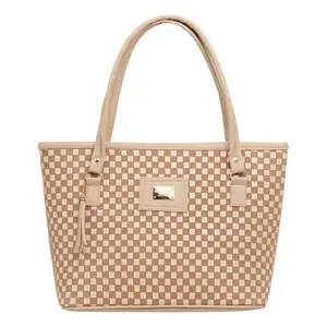 Bolso Tote para Mujer Fana Abisai M3786 Beige a Cuadros de Microfibra y Cuero Sintético para Uso Diario - Product Image 1