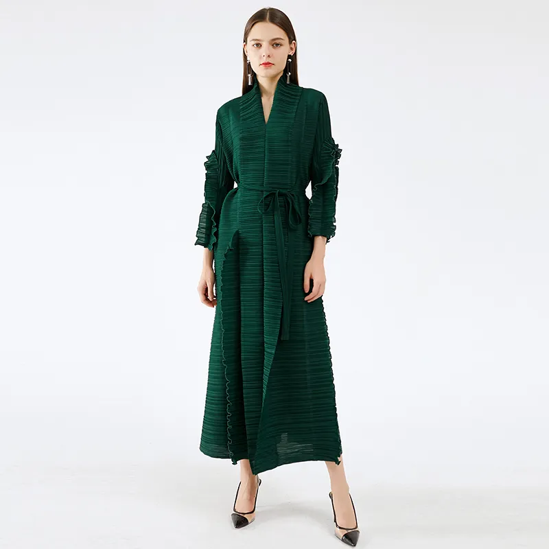 Miyake pleated long petal sleeve dress lapel cardigan Sashes plus size high long green dress 2021 women aesthetic clothes