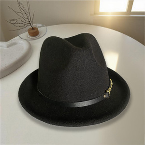 Fedora Hat <b>Woolen</b> Solid Color Small Brim Unisex Winter Fashionable <b>Top</b> Hat With Bow Detail - Product Image 2