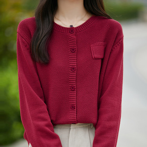 Suéter de Punto para Mujer, Cuello Redondo, Manga Larga, con Bolsillo, Corte Holgado, Transpirable, Estilo Artístico, 100% Algodón - Product Image 4