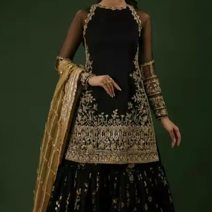 HERMOSO DISEÑADOR ZARI BORDADO EN VESTIDO KURTA Y SARARA CON CUENTAS DE CRISTAL, PERLAS, PIEDRA, DABKA TRABAJO PARA FIESTA-WEAR @ 2024 - Product Image 1