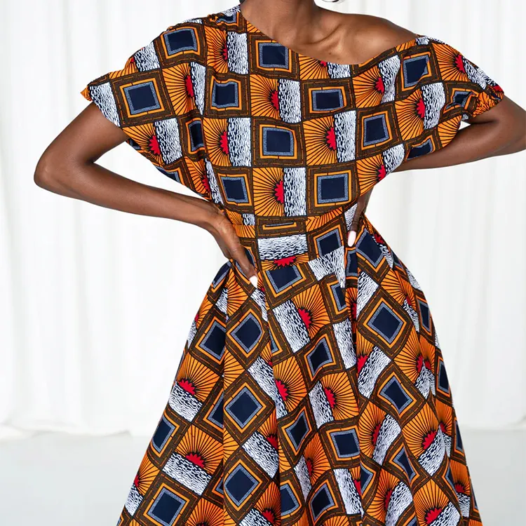 2023 African Traditional Printed Wax African Dress One-Shoulder Midi Dress Elegant For Women