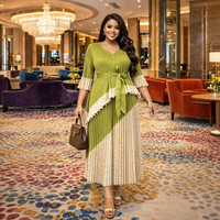 Robe longue plissée noire et crème à blocs de couleur, col en V, taille nouée, volants, grande taille, pour femme musulmane, tenue de soirée