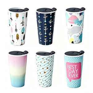 Tasses de voyage en céramique à <span class=keywords><strong>double</strong></span> paroi avec couvercle, personnalisables, imprimées, portables, en porcelaine, pour café en extérieur – Vente en gros usine - Product Image 1