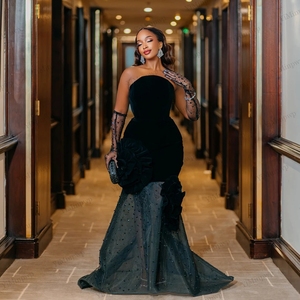 Vestidos de Noche de Terciopelo Aso Ebi con Flores, Vestidos de Sirena con Cuentas sin Tirantes, Vestidos de Cumpleaños para Chicas Negras, Vestidos de Graduación Personalizados - Product Image 5