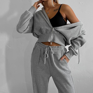 Ensemble de vêtements de sport de haute qualité à manches longues avec fermeture éclair, sweat à capuche, pantalon large à cordon de serrage, séchage rapide, 2 pièces - Product Image 2