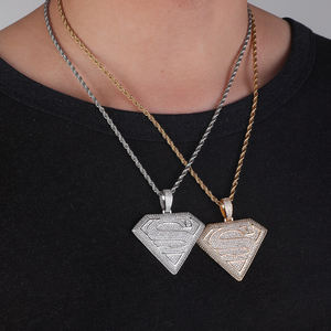 Pendentifs Hip Hop JWY Factory en argent 925 et plaqué or glacé, collier en forme de Superman pour enfants, pierre principale en zircon, fabriqué en laiton - Product Image 6