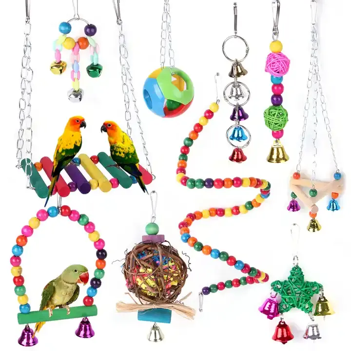 Colorful Parrot Bird Supplies Set Bird Cage Acessórios Pendurado Bell Pet Bird Cage Hammock Swing Toy Brinquedo De Mastigação De Madeira