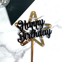 Décoration de gâteau d'anniversaire en forme d'étoile à cinq branches en acrylique or et noir, style double couche, pour gâteau d'anniversaire