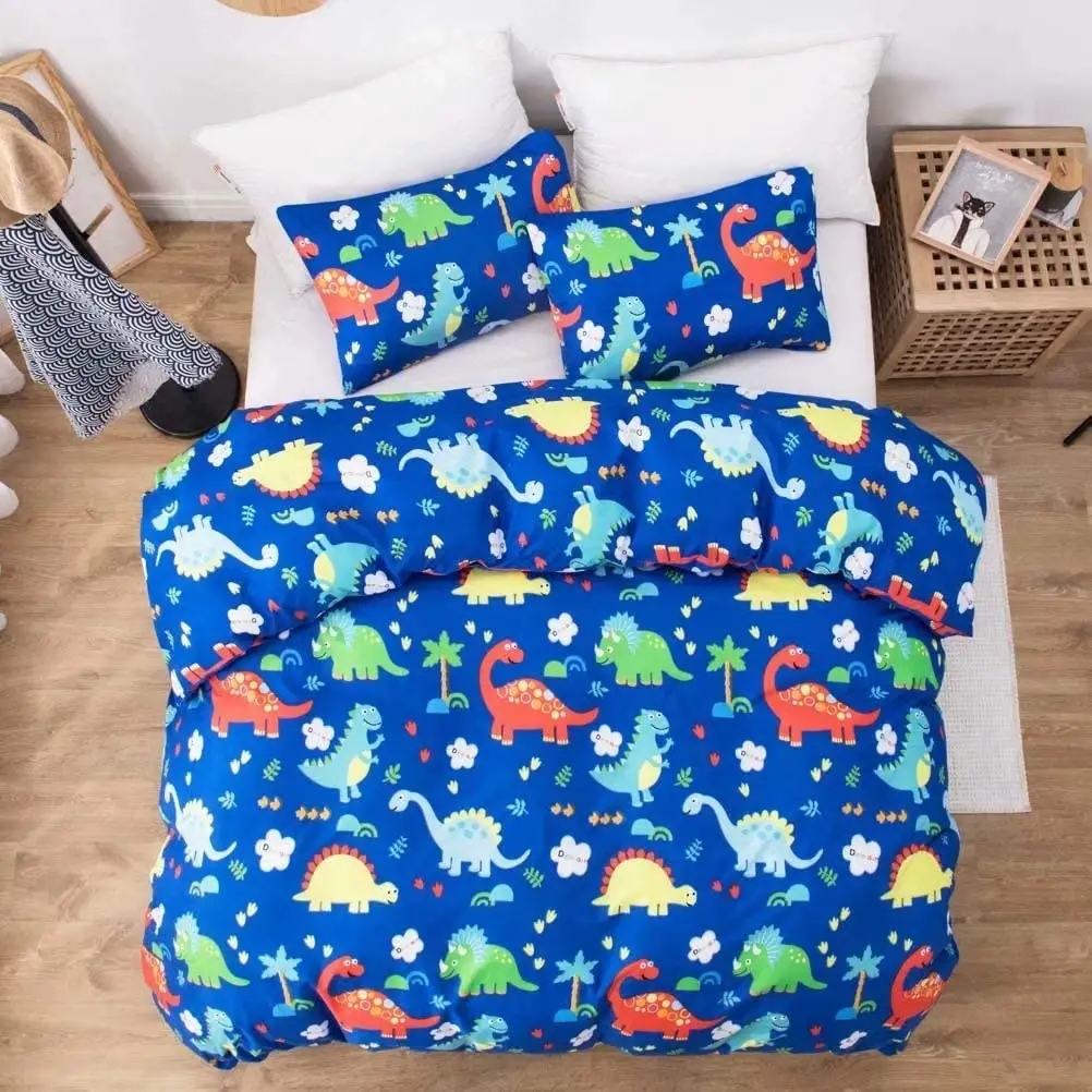 Jogo de cama de microfibra, conjunto de lençol de desenho animado fofo e disperse de dinossauro para crianças