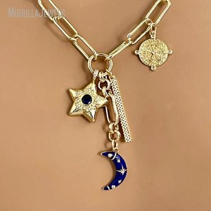 Collana a strati multi-ciondolo NM58214 con luna in smalto blu, stella in zirconia cubica, barra, bussola e ciondolo occhio turco, gioielli da donna, regalo per lei - Product Image 2