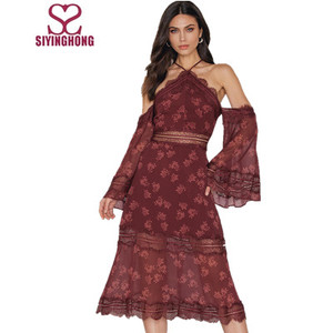 De las señoras de moda de gasa de cabestro de hombro Vestido de manga larga de las mujeres - Product Image 2