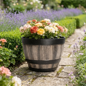 Maceta Redonda de Plástico con Aspecto de <span class=keywords><strong>Madera</strong></span>, Ligera, para Plantas de Exterior - Product Image 1