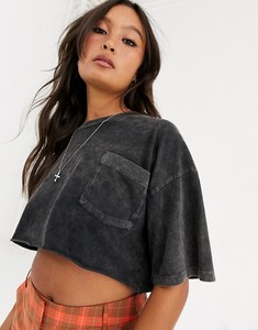 Camiseta Corta KY Negra con Cuello Alto, Hombros Caídos, Detalle de Bolsillo, Corte Recto, Estilo Holgado, Camiseta Corta para Mujer, Sexy, Lavada, con Bolsillo - Product Image 4
