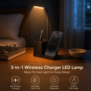 โคมไฟตั้งโต๊ะ LED มัลติฟังก์ชั่นพร้อมที่วางปากกาชาร์จไร้สาย 15W ชาร์จเร็ว โคมไฟตั้งโต๊ะแบบหรี่แสงได้สำหรับอุปกรณ์สำนักงานที่บ้าน - Product Image 1