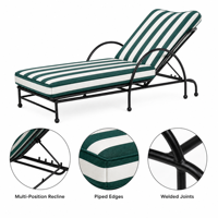 Chaise longue d'extérieur vert forêt à rayures blanches, structure en métal noir, barrières latérales semi-circulaires, lit de soleil réglable pour piscine et patio