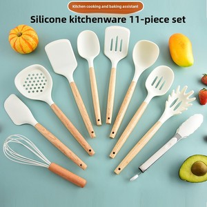 Cross-border New Wooden Handle <b>Silicone</b> Kitchenware 11-Piece Set Beech Wood Spatula Spoon High Temp Resistant Cooking <b>Tools</b> - Product Image 1