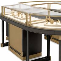 Comptoir de présentation de bijoux ovale incurvé sur mesure en acier inoxydable brossé doré avec vitrine en verre et éclairage LED intégré