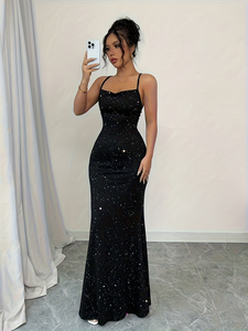 Abito lungo da donna bianco glitterato aderente, personalizzabile OEM/ODM, con <span class=keywords><strong>spalline</strong></span> sottili e taglio a sirena, per il commercio all'ingrosso - Product Image 3