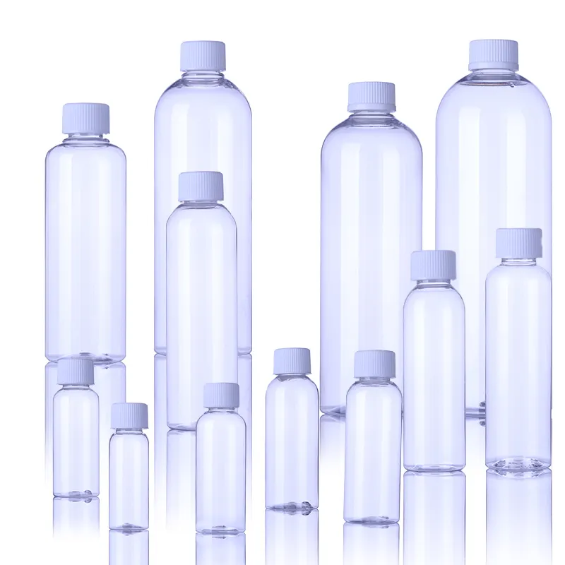 PET transparent kunststoff flaschen mit kinder kappe kind beständig kappe 30 50 60 80 100 120 150 200 250 500 650 750 1000 ml