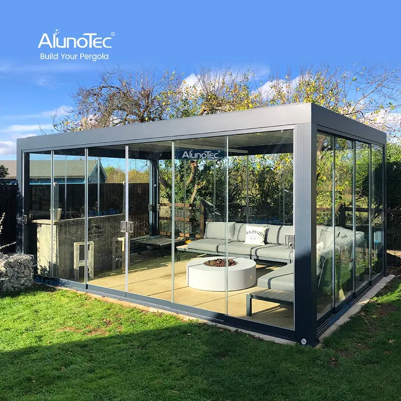 Aluminum Pergola Gazebo AlunoTec Bioclimatique Waterproof Motorized Aluminium Outdoor Modern Pergola Louver Roof Gazebo With Glass Door