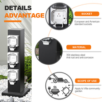 Prise électrique verticale 3 prises en acier inoxydable pour jardin, résistante aux intempéries, multi-standards, sans mise à la terre