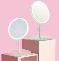 Miroir de maquillage à LED avec lumière Lampe de maquillage pour dames avec rangement Miroir rotatif de bureau Miroirs cosmétiques de forme ronde Cadeau de Noël