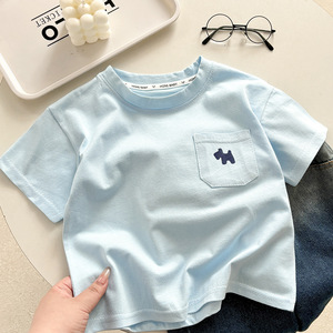 <span class=keywords><strong>Camiseta</strong></span> de Manga Corta 100% Algodón para Niños con Bolsillo Bordado de Perro, Top Casual de Verano para Niños Pequeños, Niñas y Bebés, Venta al Por Mayor - Product Image 3