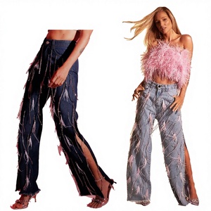 Think 2025 Jean évasé taille haute extensible pour femme, couleur unie, délavé vintage, à trous et à franges, respirant, coupe ample, Hiver Été - Product Image 2