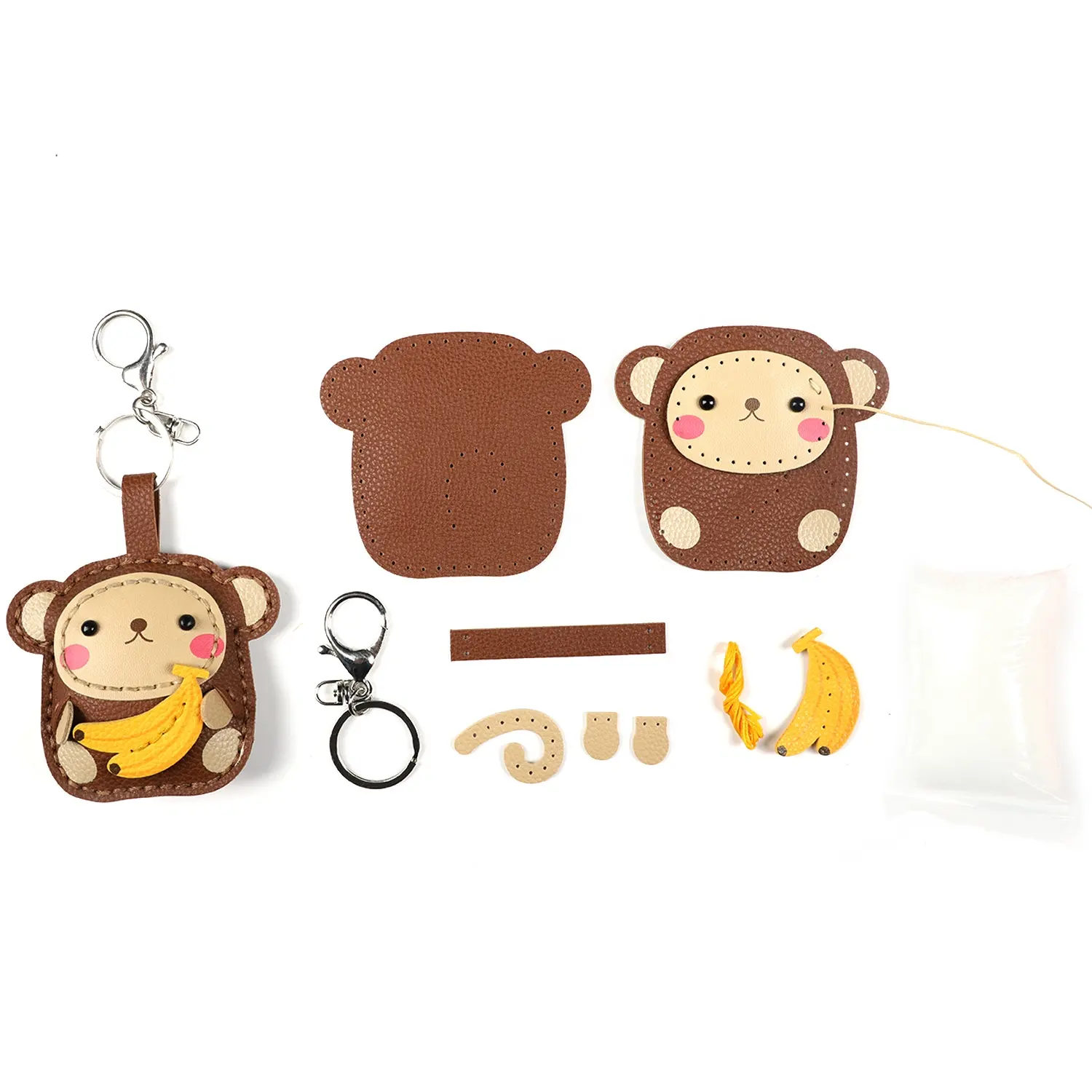 Fábrica de venda direta precoce brinquedo educativo DIY KEY CHAIN crianças DIY KIT saco ornamento couro costura macaco banana chaveiro